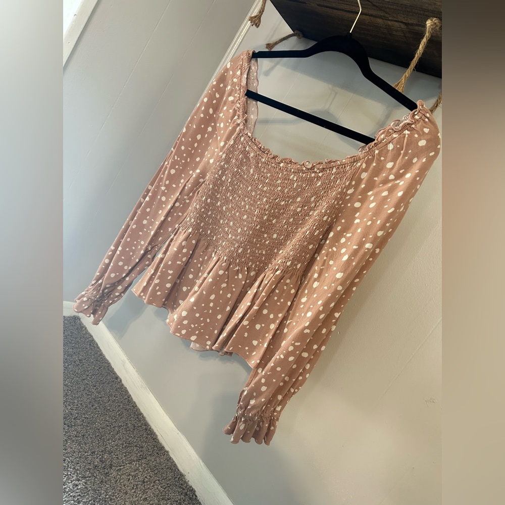 Light pink/nude long sleeve blouse with white polka dots